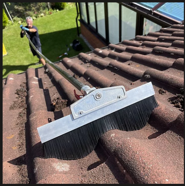 Double Roman tile profile scrapers and brushes used for professional roof and gutter cleaning