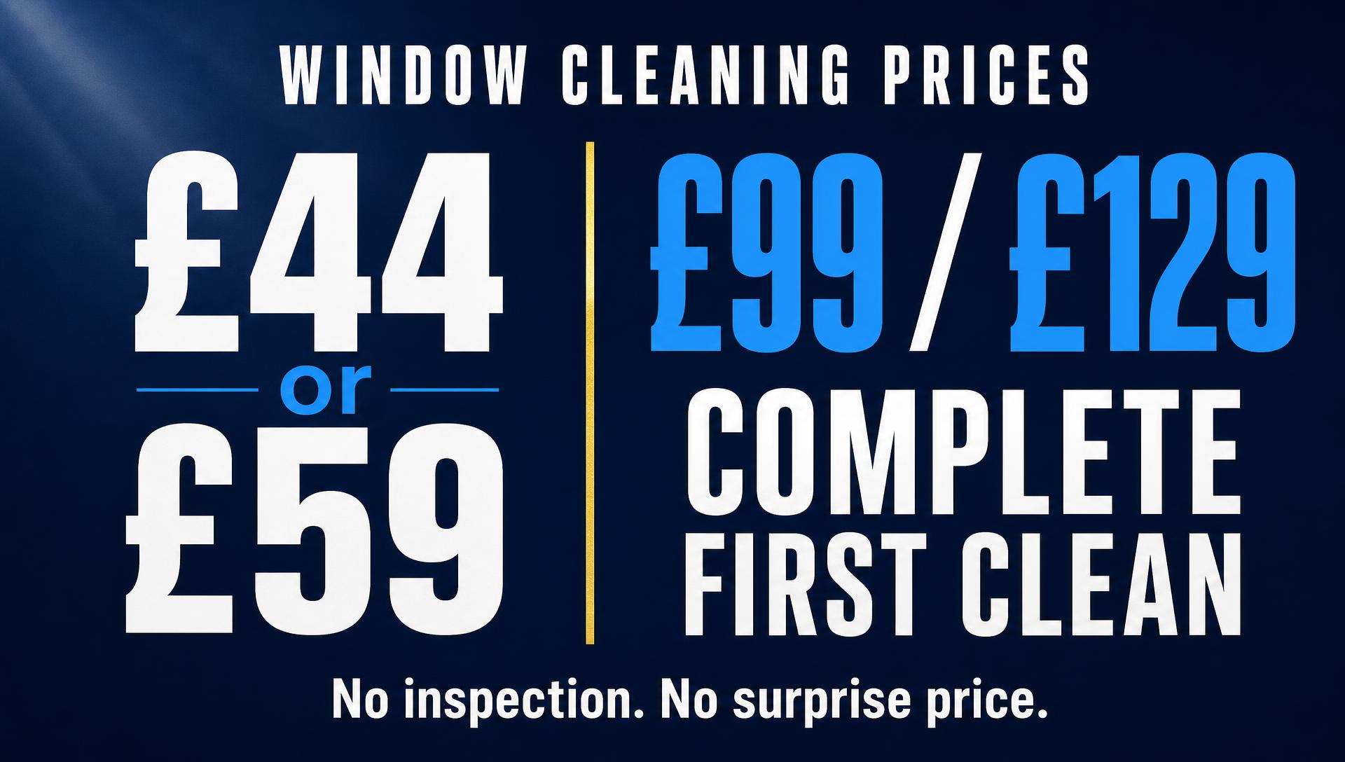 Window cleaning prices in Coventry, £44 or £59 first clean and the £99 or £129 DY complete first clean