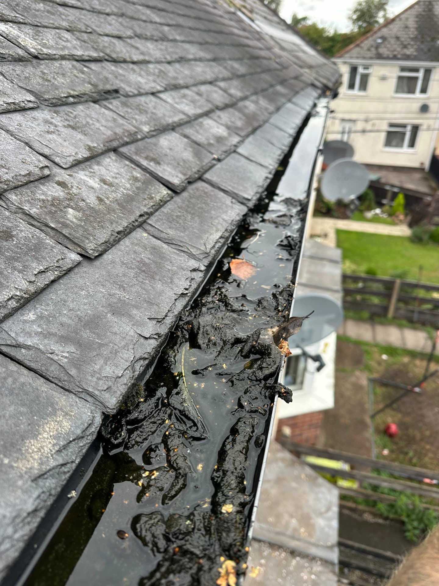 Blocked gutter before gutter cleaning in Coventry, standing water, silt and rotting leaves