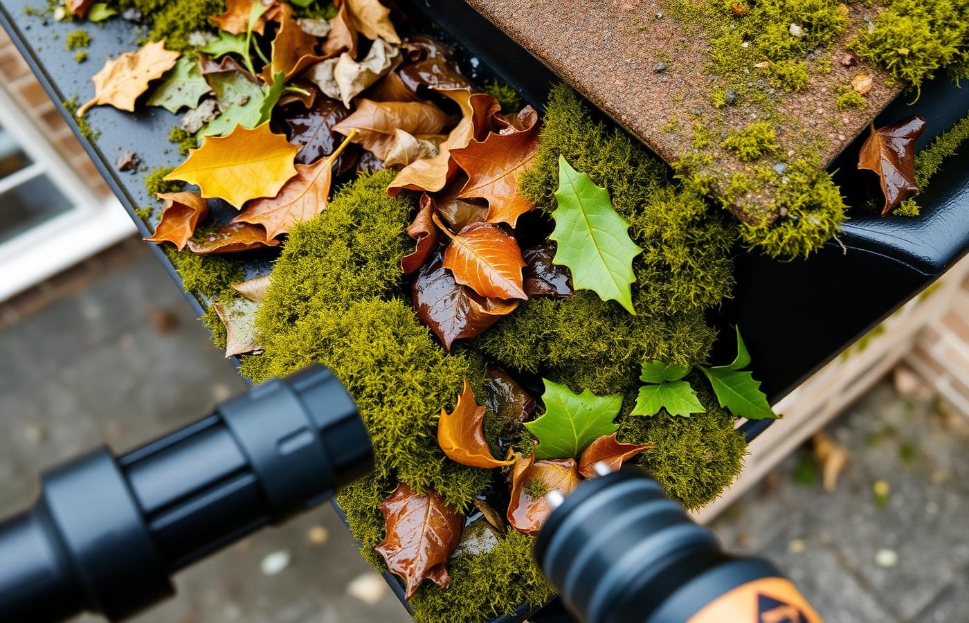 Heavy roof moss and mud blockage inside a residential uPVC gutter run before vacuum clearance