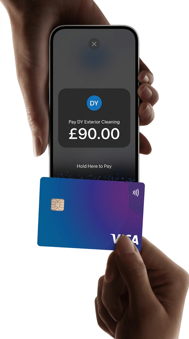 Customer tapping a card on a phone showing Pay DY Exterior Cleaning £90.00