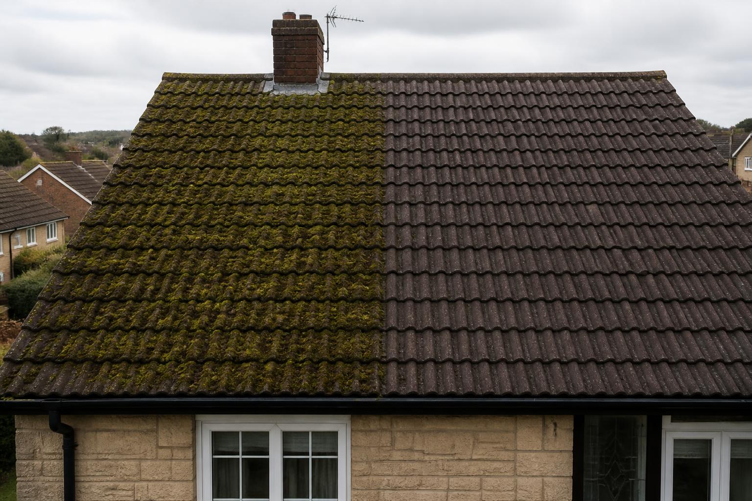 Roof covered in moss on one side and cleaned on the other, showing the result of a DY roof clean