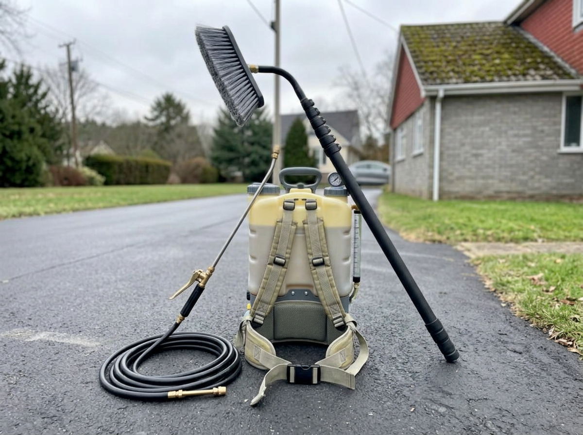 Genie backpack and high-reach soft wash pole used for professional roof and gutter cleaning