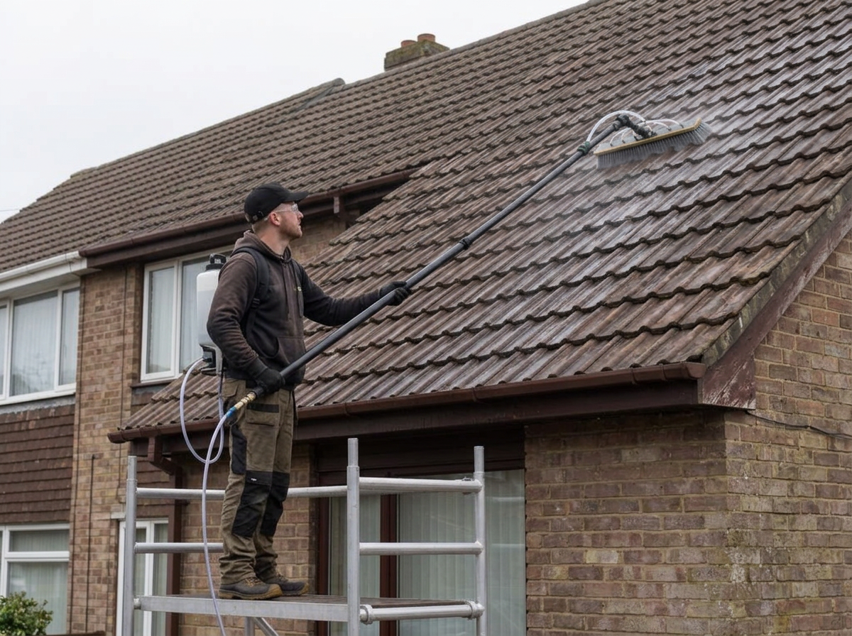Roof biocide soft wash applied from a scaffold tower using a backpack system and high-reach soft brush