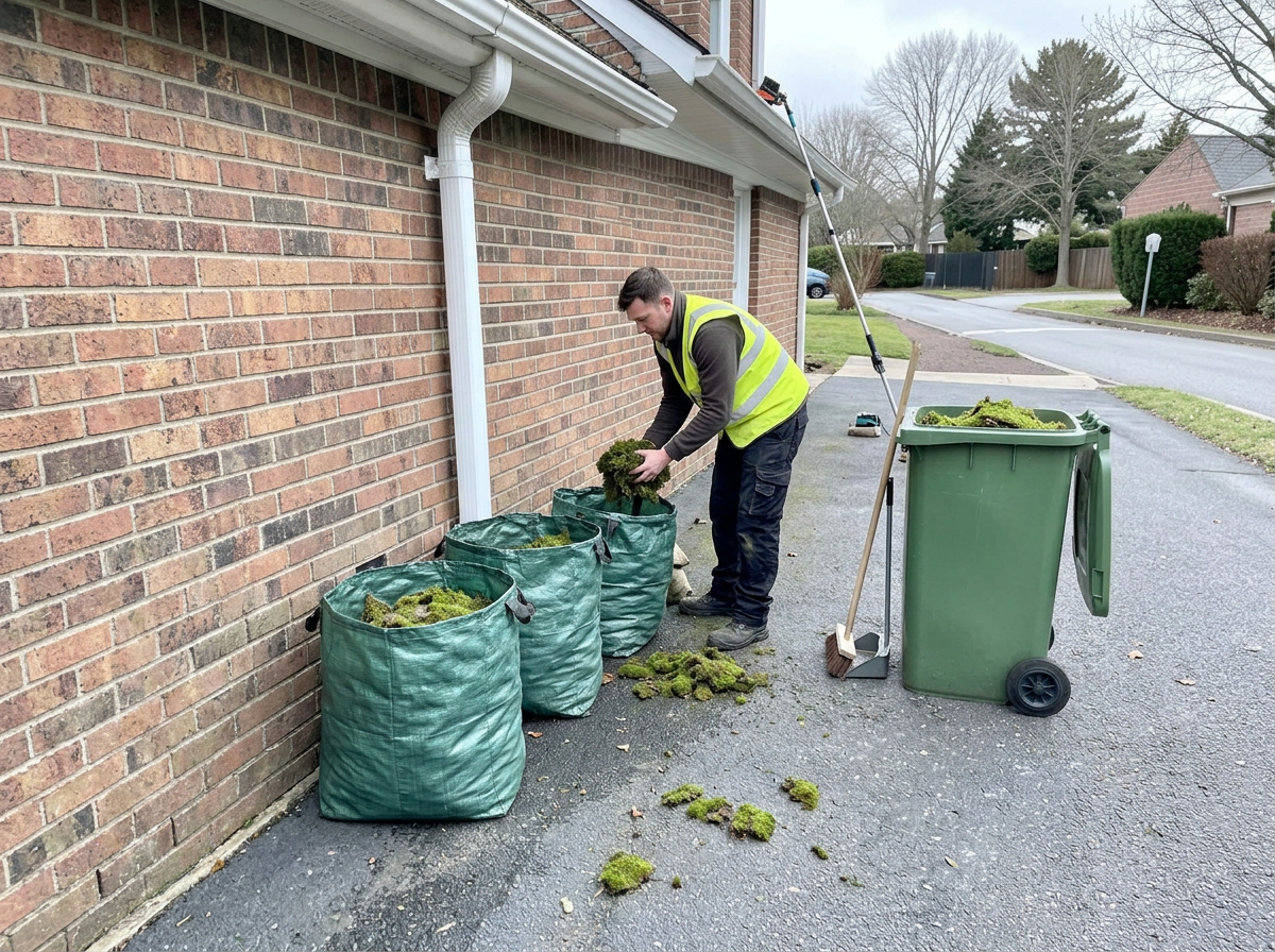Removed roof moss being collected into garden waste sacks beside a green waste bin