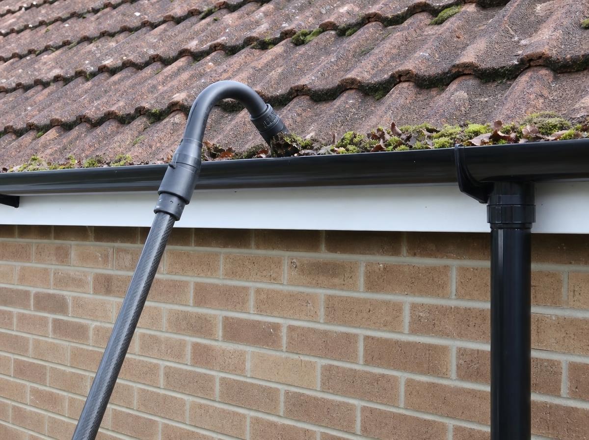 Gutter vacuum head removing roof moss from a domestic gutter