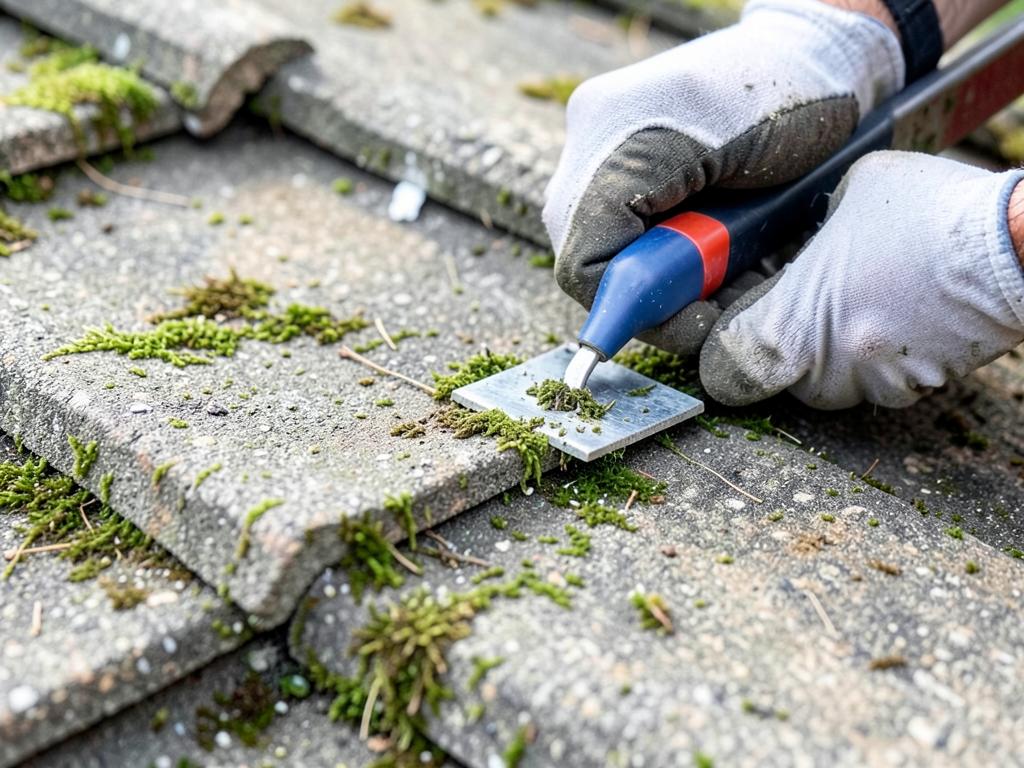 Illustration of removing roof moss manually with a scraper