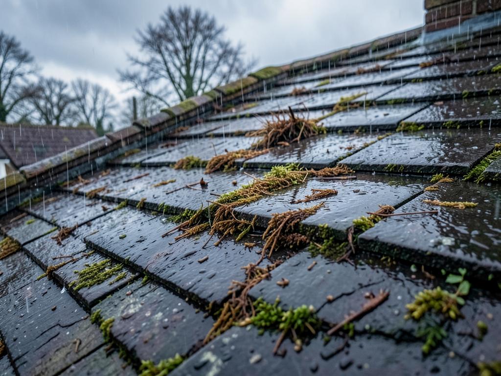 Roof tiles during the gradual biocide treatment period after manual moss removal